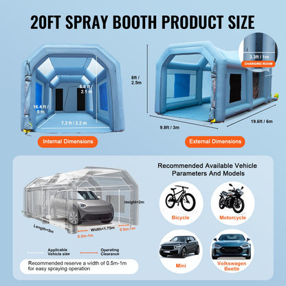Inflatable Spray Booth Car Paint Tent 610 cm x 305 cm x 244 cm Filter System 2 Blowers