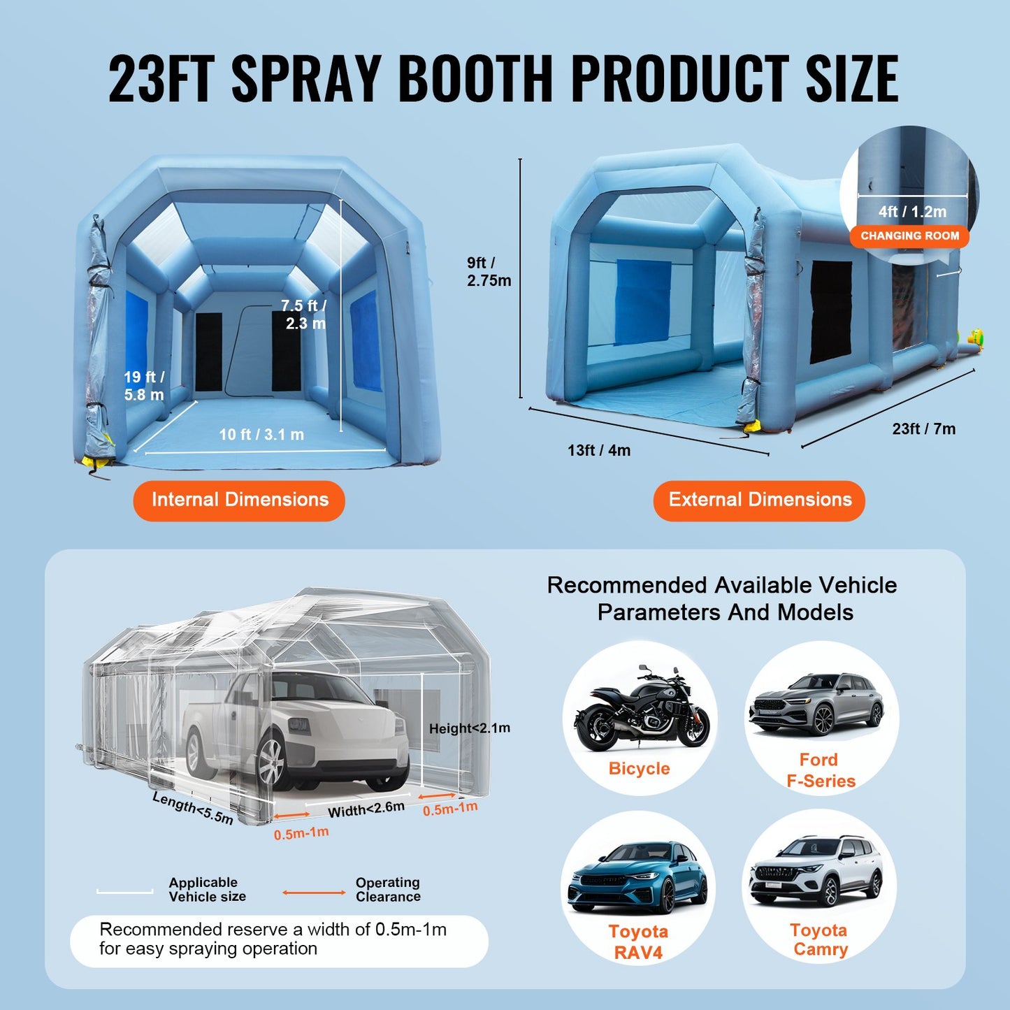 Inflatable Spray Booth Car Paint Tent 701 cm x 396 cm x 259 cm Filter System 2 Blowers