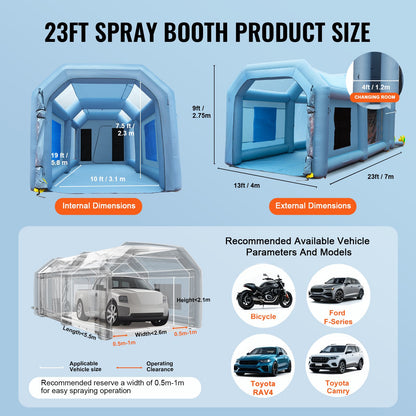Inflatable Spray Booth Car Paint Tent 701 cm x 396 cm x 259 cm Filter System 2 Blowers