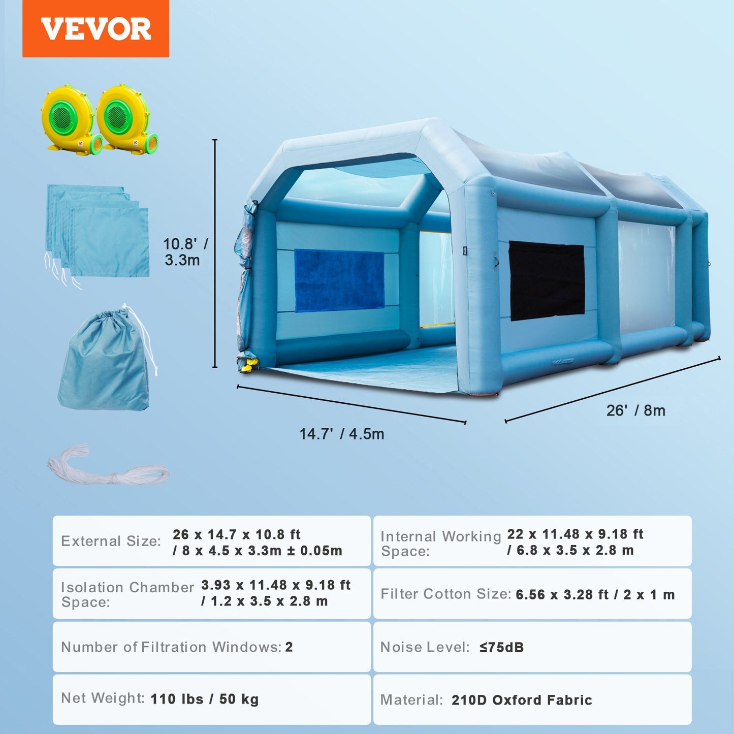 Inflatable Spray Booth Car Paint Tent 792 cm x 457 cm x 335 cm Filter System 2 Blowers
