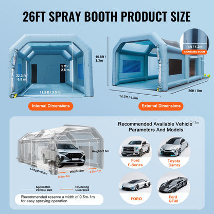 Inflatable Spray Booth Car Paint Tent 792 cm x 457 cm x 335 cm Filter System 2 Blowers