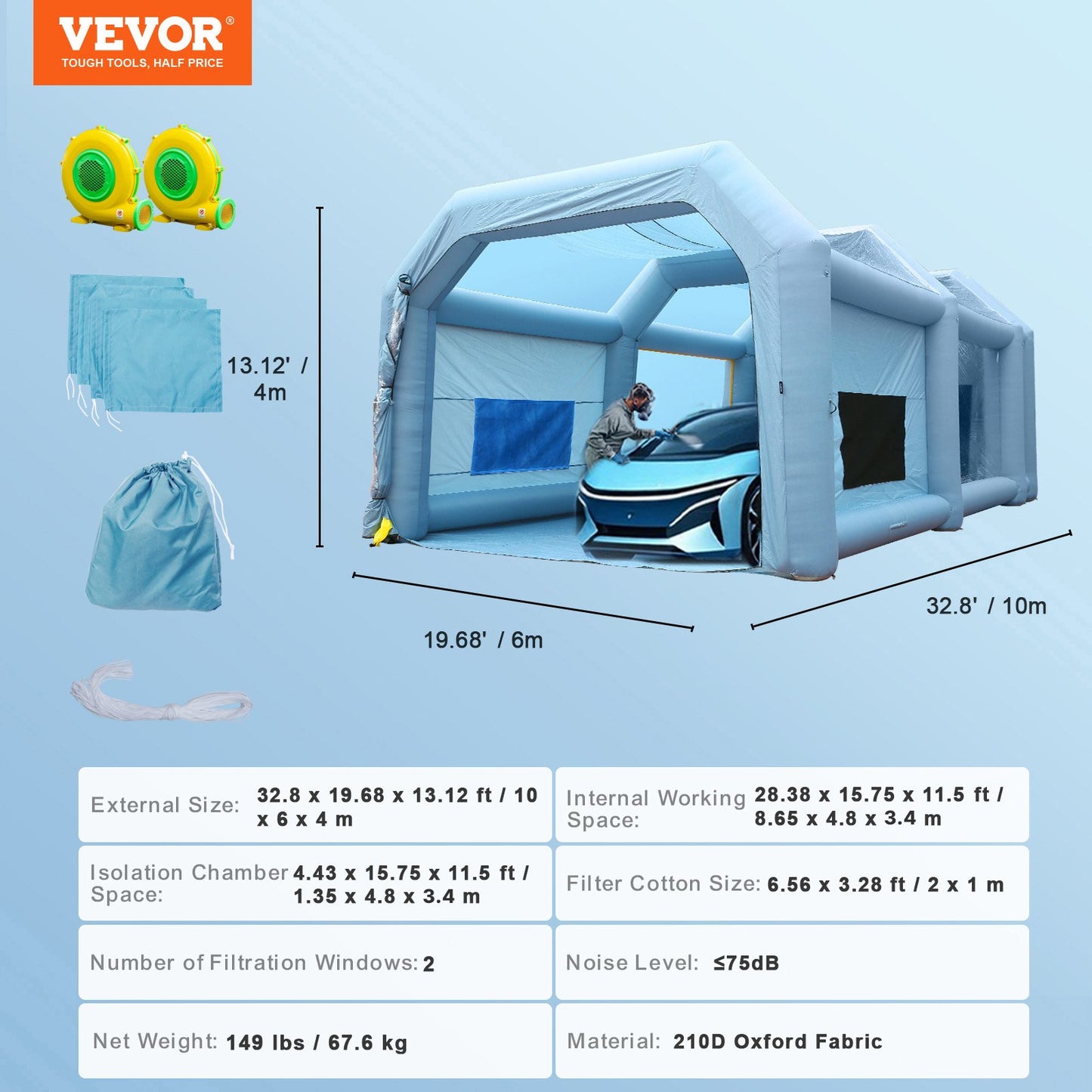 Inflatable Spray Booth Car Paint Tent 10 x 6 x 4 m Filter System 2 Blowers