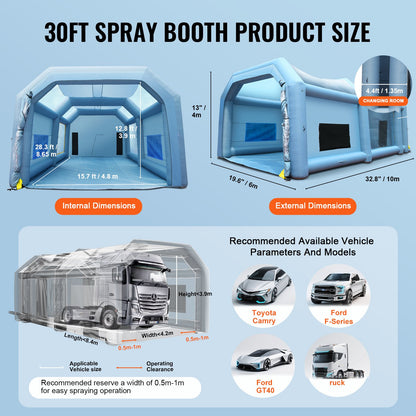 Inflatable Spray Booth Car Paint Tent 10 x 6 x 4 m Filter System 2 Blowers