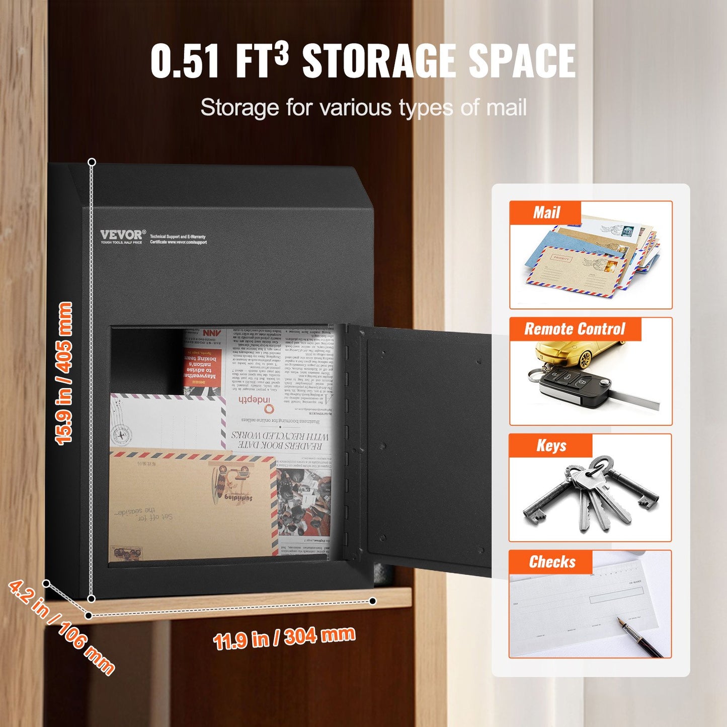 Through The Door Key Drop Box 30.5x15.2x40.6 cm Mailbox with 4.6cm 30.5cm Key Lock Black