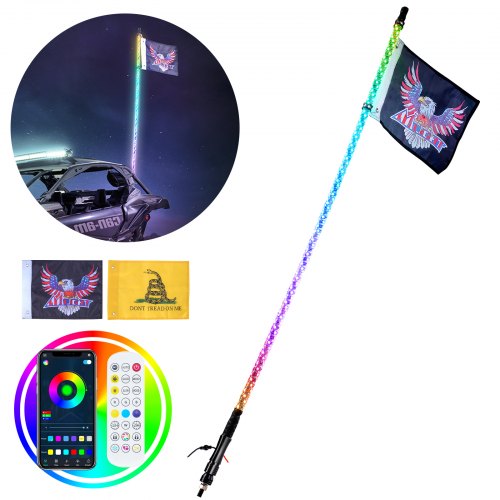 1 PC 5 FT Whip Light, APP & RF Remote Control Led Whip Light, Waterproof 360°Spiral RGB Chasing Lighted Whips with 2 Flags, for UTVs, ATVs, Motorcycles, RZR, Can-am, Trucks, Off-road, Go-karts