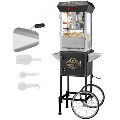 Popcorn Maker with Cart, 850W Popcorn Popper Machine, 8 Oz Kettle Makes 48 Cups per Batch, Popcorn Maker Equipped with Tempered Glass, Includes 4 Scoops, Movie Theater Style, Black