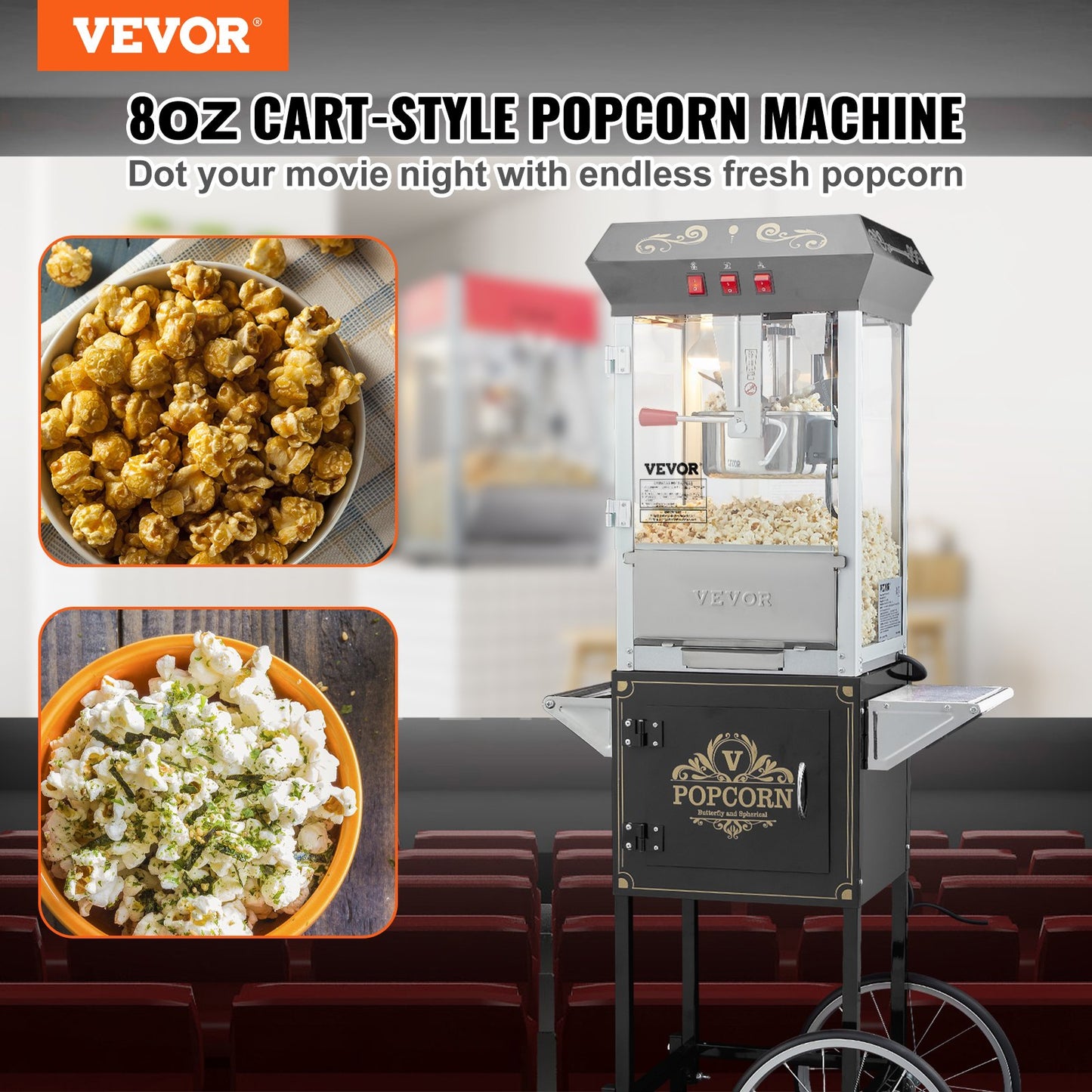Popcorn Maker with Cart, 850W Popcorn Popper Machine, 8 Oz Kettle Makes 48 Cups per Batch, Popcorn Maker Equipped with Tempered Glass, Includes 4 Scoops, Movie Theater Style, Black