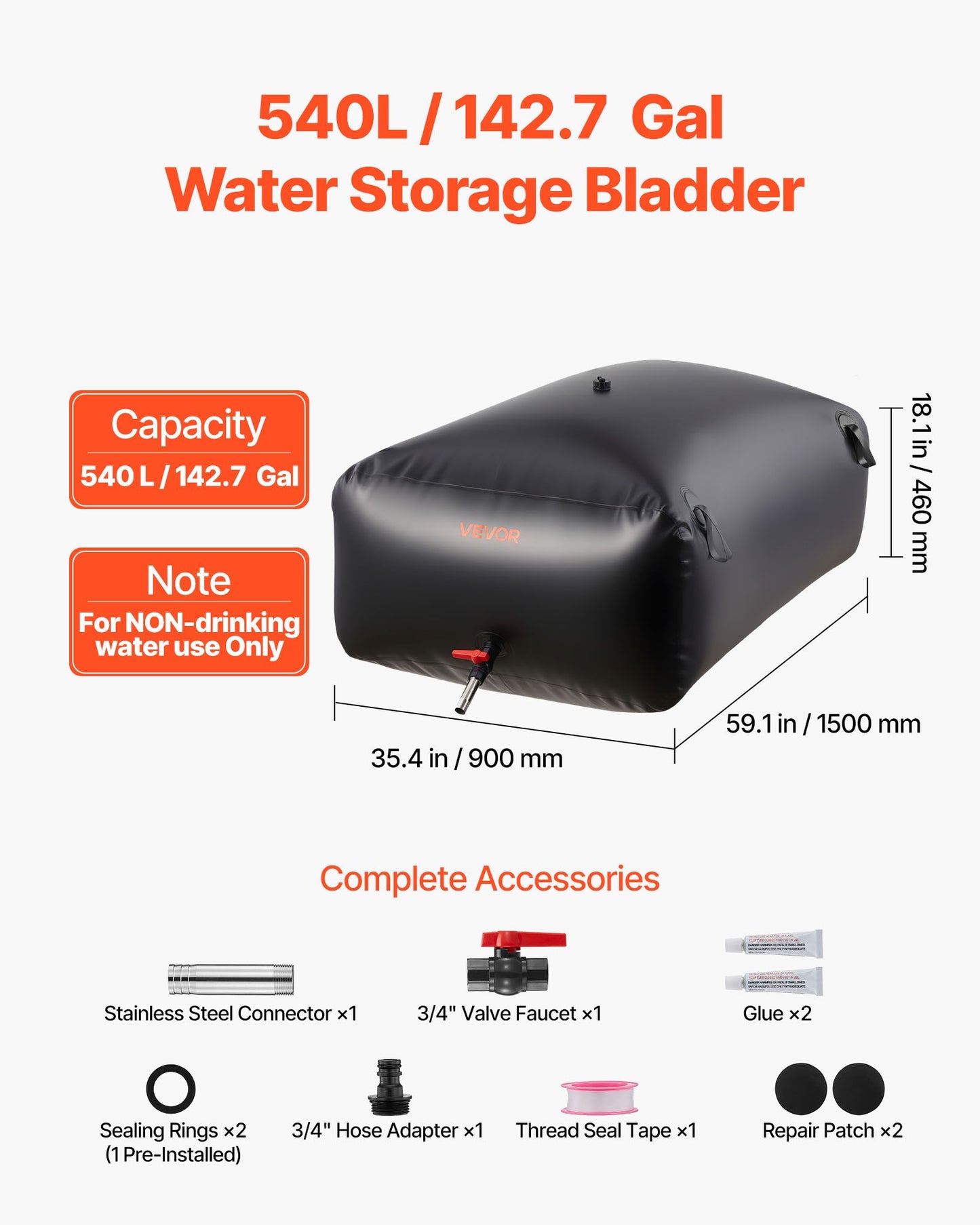 Water Storage Bladder 540L Large Capacity Water Bag, Portable & Collapsible Soft Waters Container, Leakproof & Tear-Resistant PVC Emergency Waters Storage Tank for RV Truck & Outdoor Use