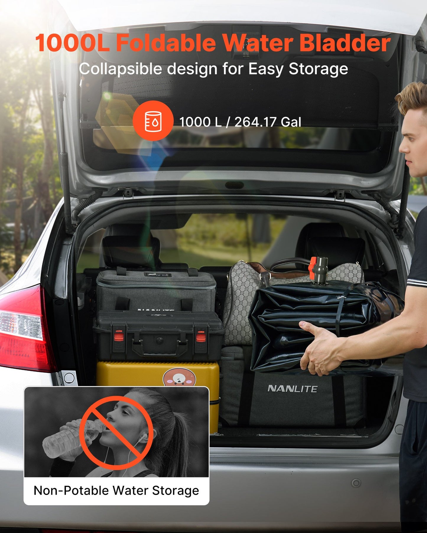 Water Storage Bladder, 1000L Water Storage Container Tank, 1000D PVC Large Capacity Soft Bag Bladder, Collapsible Portable for Garden Irrigation, Camping, RV, Emergency Use - Black