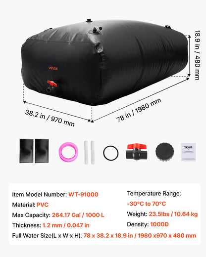 Water Storage Bladder, 1000L Water Storage Container Tank, 1000D PVC Large Capacity Soft Bag Bladder, Collapsible Portable for Garden Irrigation, Camping, RV, Emergency Use - Black