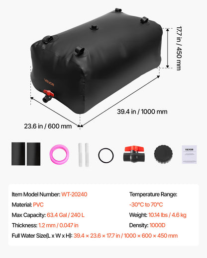 Water Storage Bladder, 240L Water Storage Container Tank, 1000D PVC Large Capacity Soft Bag Bladder, Collapsible Portable for Garden Irrigation, Camping, RVs, Emergency Use - Black