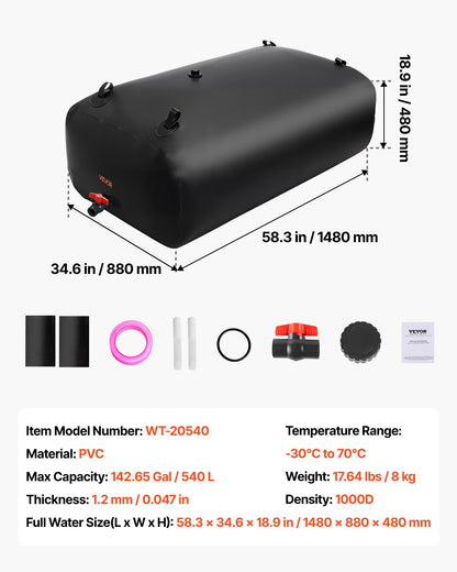 Water Storage Bladder, 540L Water Storage Container Tank, 1000D PVC Large Capacity Soft Bag Bladder, Collapsible Portable for Garden Irrigation, Camping, RV, Emergency Use - Black