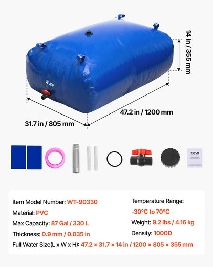Water Storage Bladder, 330L Water Storage Container Tank, 1000D PVC Large Capacity Soft Bag Bladder, Collapsible Portable for Garden Irrigation, Camping, RVs, Fire Prevention (Blue)