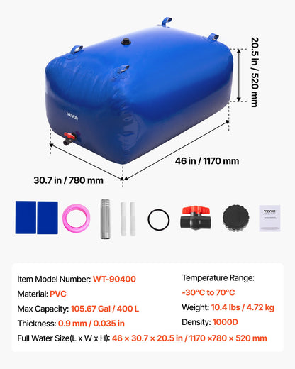 Water Storage Bladder, 400L Water Storage Container Tank, 1000D PVC Large Capacity Soft Bag Bladder, Foldable Portable for Garden Irrigation, Camping, RV, Fire Prevention - Blue