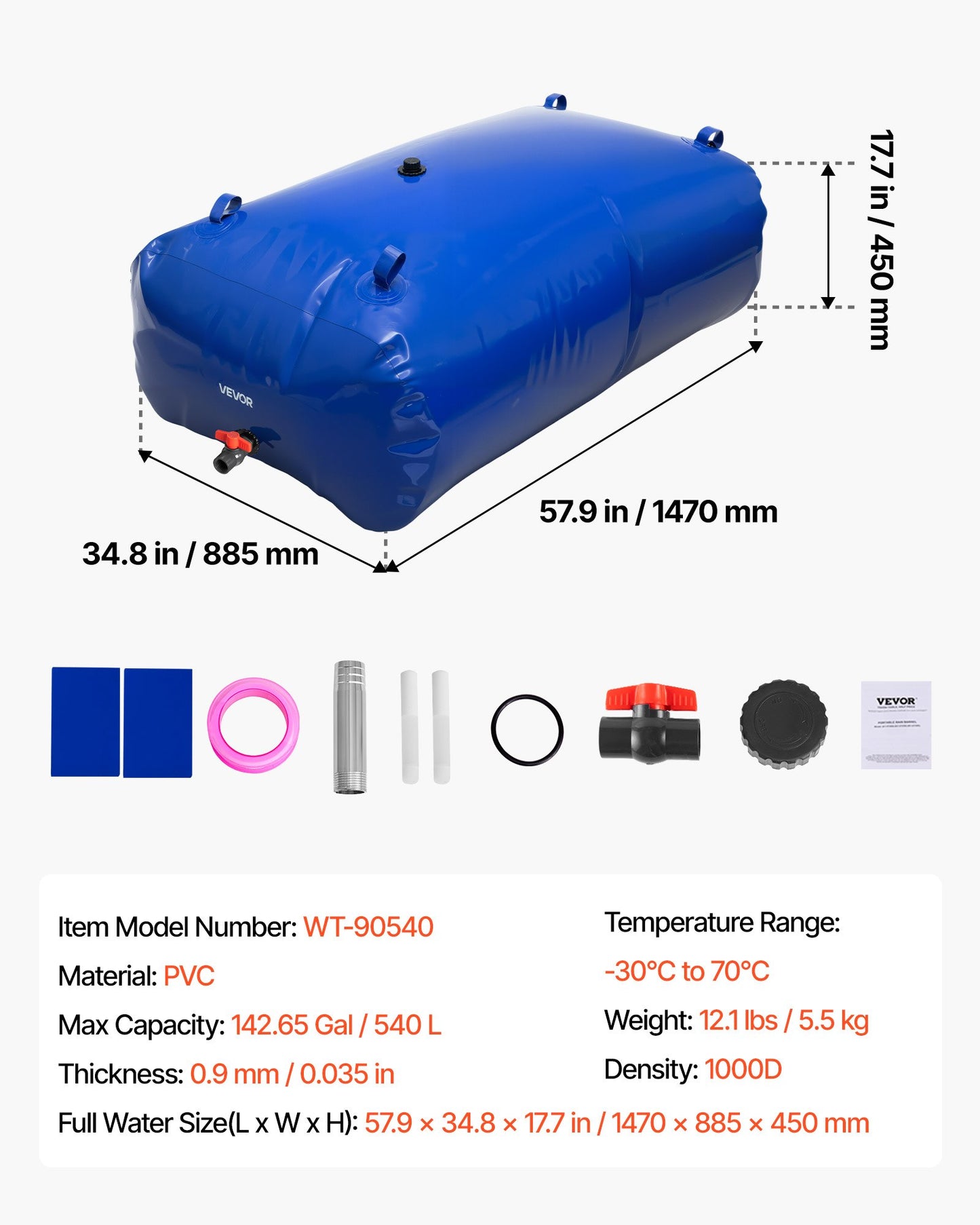 Water Storage Bladder, 540L Water Storage Container Tank, 1000D PVC Large Capacity Soft Bag Bladder, Foldable Portable for Garden Irrigation, Camping, RV, Fire Prevention - Blue
