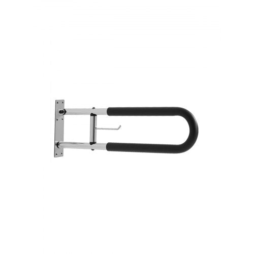 Toilet Safety Rail, 30 Inch U-Shaped Handicap Grab Bar, Foldable Senior Safety Pole, Flip Up Toilet Grab Bars with Anti-Slip Handle, 300 Lbs Load Capacity Security Handrail with Paper Holder