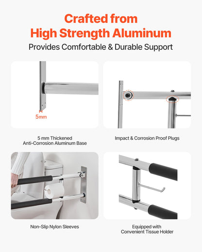 Toilet Safety Rail, 30 Inch U-Shaped Handicap Grab Bar, Foldable Senior Safety Pole, Flip Up Toilet Grab Bars with Anti-Slip Handle, 300 Lbs Load Capacity Security Handrail with Paper Holder