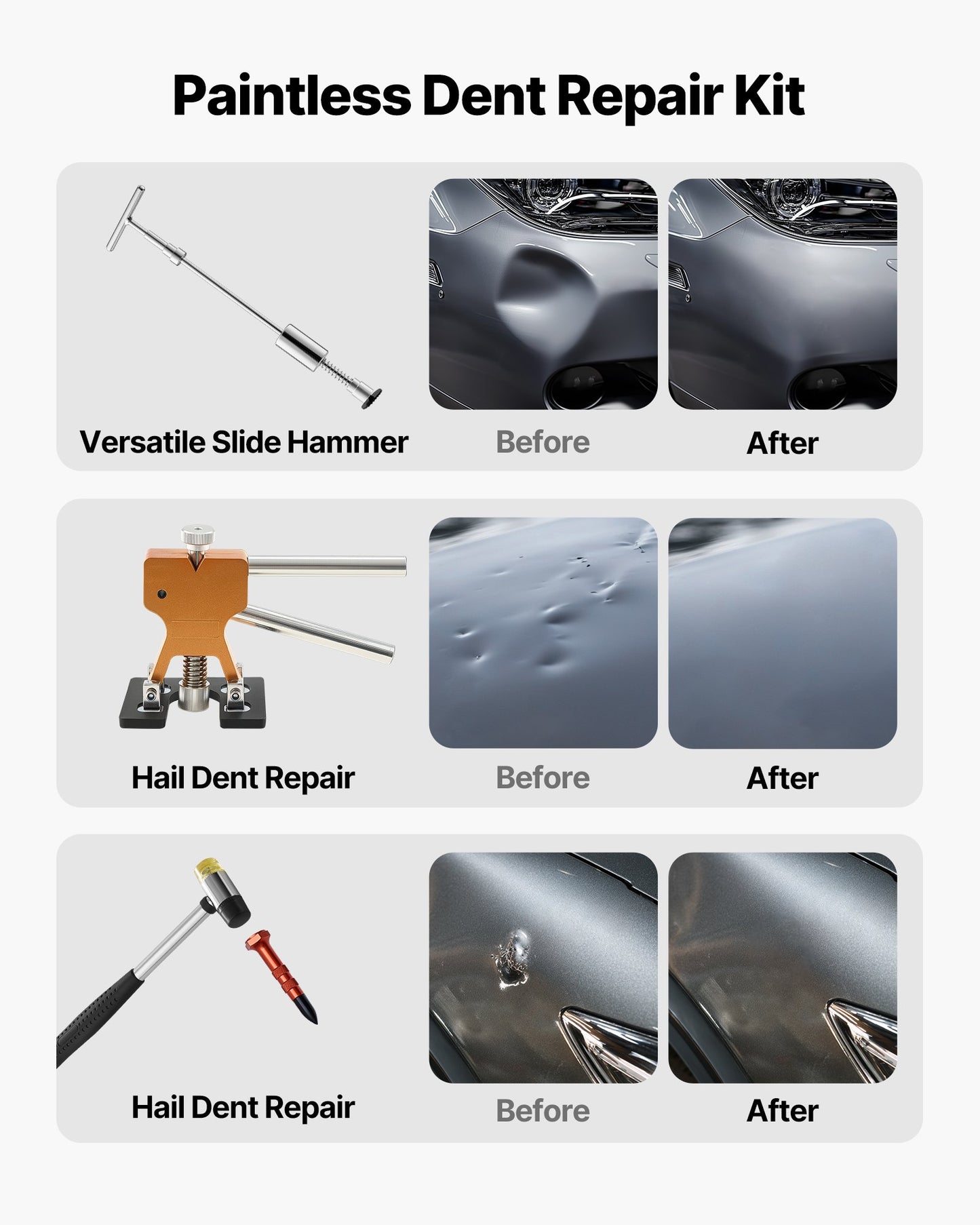 Dent Puller Kit, 61 PCS Paintless Dent Removal Kit with Golden Lifter, Slide Hammer T-Bar, Glue Gun, Auto Body Hail Damage Repair Remover Tools for Car Refrigerator Large Small Door Ding Repair