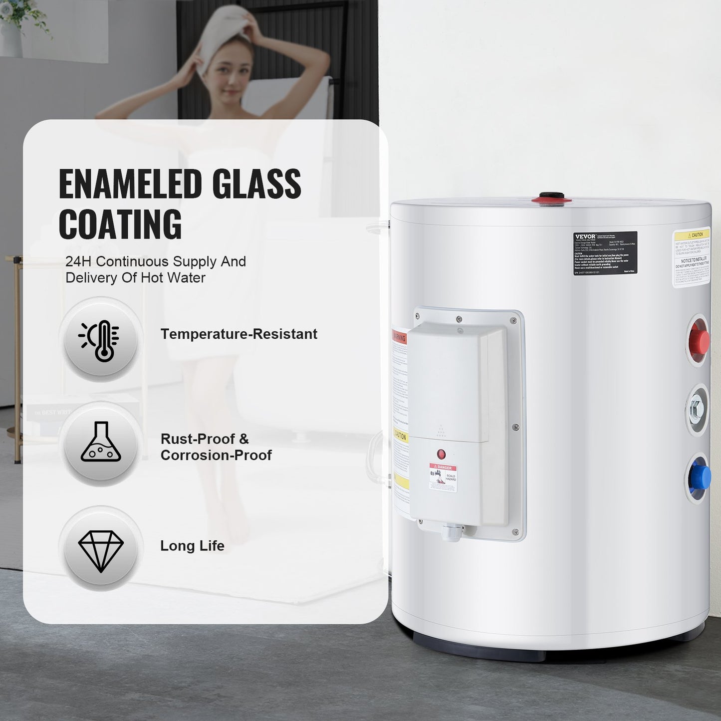 Elektrischer Durchlauferhitzer, 10-Gallonen-Tank, 1,6-kW-Durchlauferhitzer mit LED-Anzeige, Drehknopfsteuerung, IPX4 wasserdicht, seitlicher Anschluss, für Dusche und Bad
