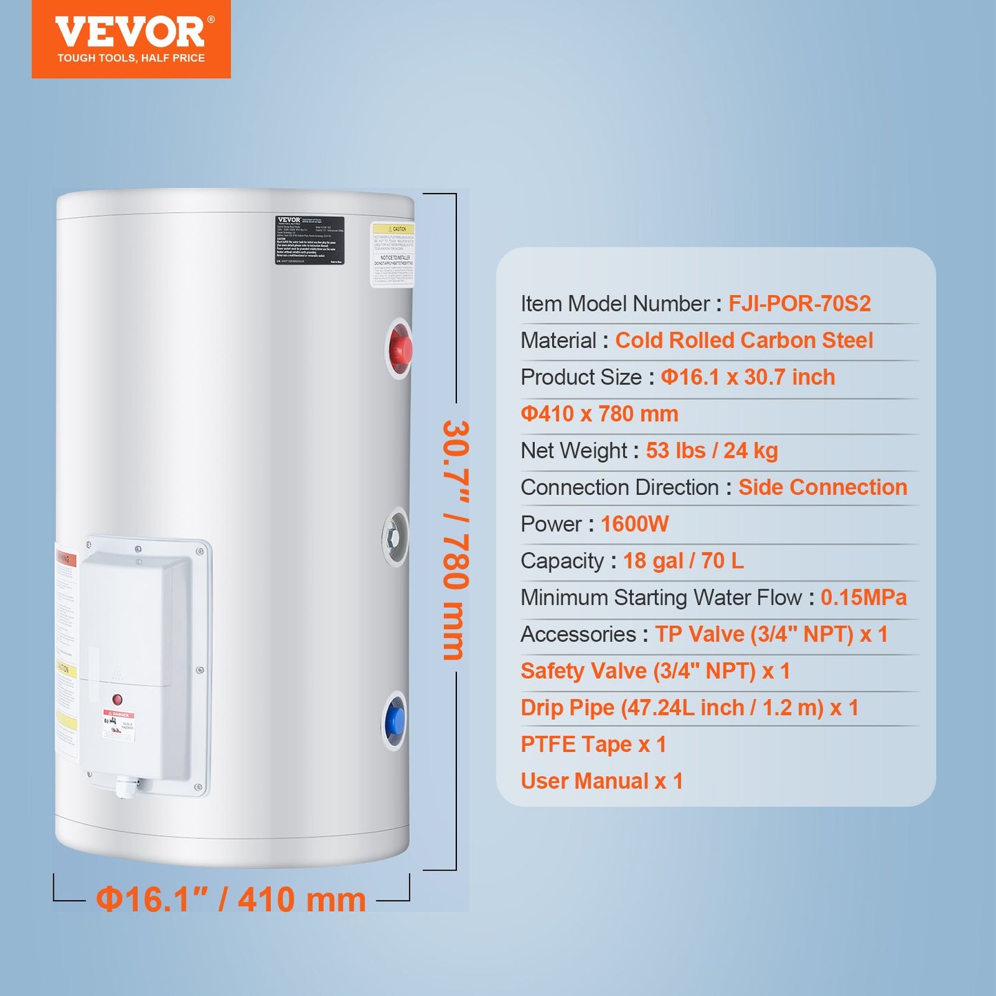 Electric Water Heater, 18 Gallon Tank Instant Hot Water Heater, 1.6Kw Tankless Water Heater w/ LED Display,Knob Control, IPX4 Waterproof Side Connection On Demand Heaters for Shower, Bath