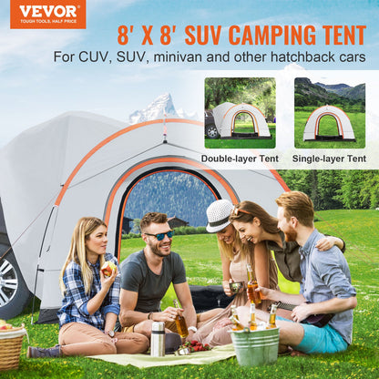SUV Camping Tent, 8'-8' SUV Tent Attachment for Camping with Rain Layer and Carry Bag, Waterproof PU2000mm Double Layer Truck Tent, Accommodate 6-8 Person, Rear Tent for Van Hatch Tailgate
