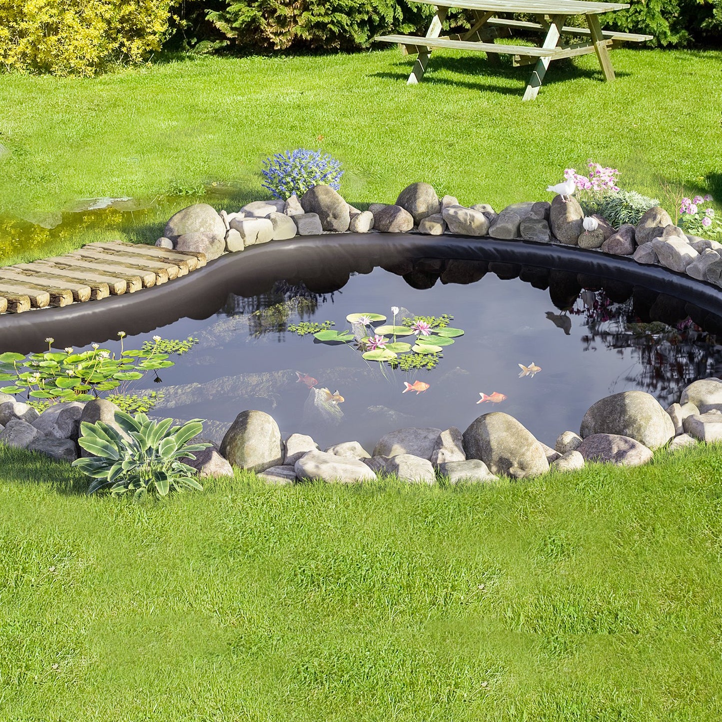 Teichfolie, 9 x 10,6 m, 1,5 mm dick, biegsames EPDM-Material, leicht zuschneidbare Unterlage für Fisch- oder Koiteiche, Wasserspiele, Wasserfallbecken, Springbrunnen, Wassergärten, Schwarz