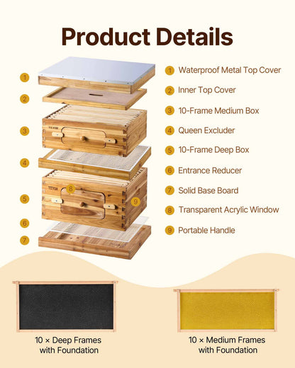 Bienenstock-Starterset mit 20 Rahmen, wachsbeschichtetes Tannenholz, 1 tiefe + 1 mittlere Bienenbox, Langstroth-Bienenstock-Set, transparente Acrylfenster mit Mittelwänden für Anfänger und Profi-Imker