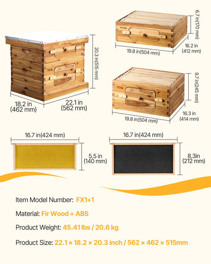Bienenstock-Starterset mit 20 Rahmen, wachsbeschichtetes Tannenholz, 1 tiefe + 1 mittlere Bienenbox, Langstroth-Bienenstock-Set, transparente Acrylfenster mit Mittelwänden für Anfänger und Profi-Imker