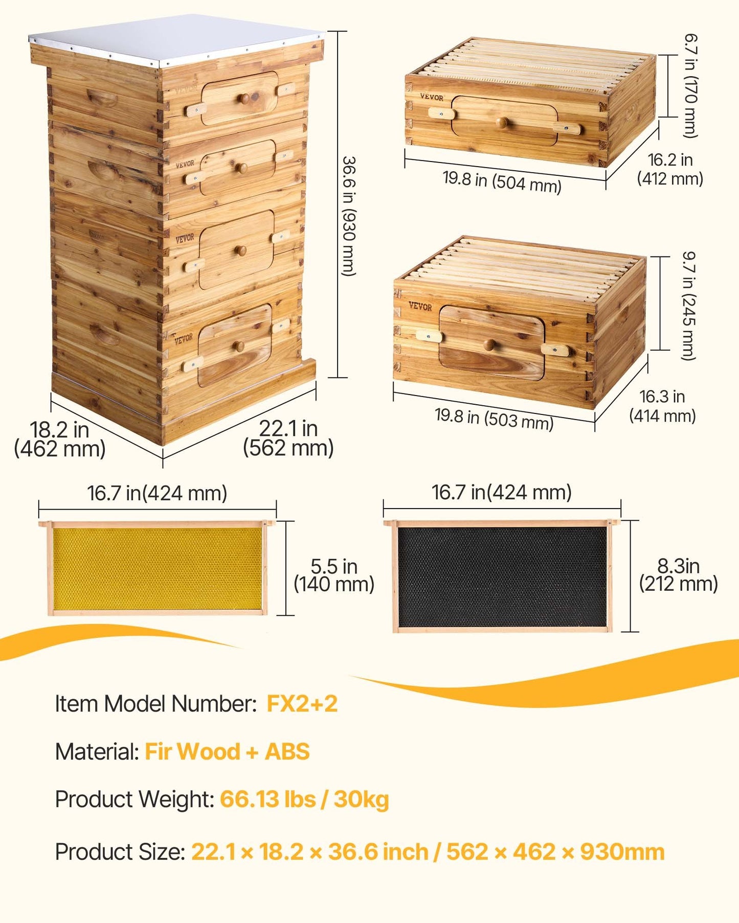 Bee Hive 40 Frame Bee Hives Starter Kit, Beeswax Coated Fir Wood, 2 Deep + 2 Medium Bee Boxes Langstroth Beehive Kit, Transparent Acrylic Windows with Foundations for Beginners Pro Beekeepers