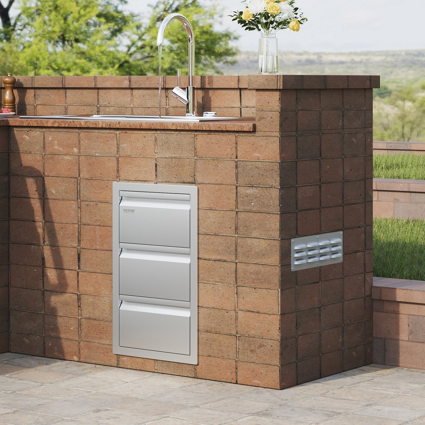 201 Edelstahl Dreifachschubladen-Grillinsel für den Außenbereich, 48 cm B x 66 cm H