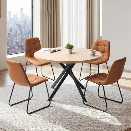 5-Piece Dining Table Set, Space-Saving Round Kitchen Table with 4 Upholstered Orange Chairs, PU Leather Cushions, Modern Wood-Tone Desk with Adjustable Foot Pads for Dining Room, Small Spaces