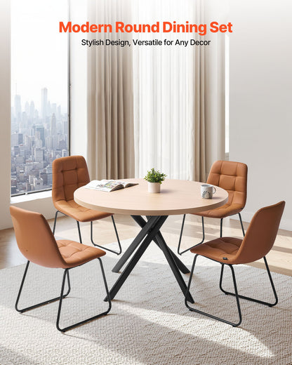 5-Piece Dining Table Set, Space-Saving Round Kitchen Table with 4 Upholstered Orange Chairs, PU Leather Cushions, Modern Wood-Tone Desk with Adjustable Foot Pads for Dining Room, Small Spaces