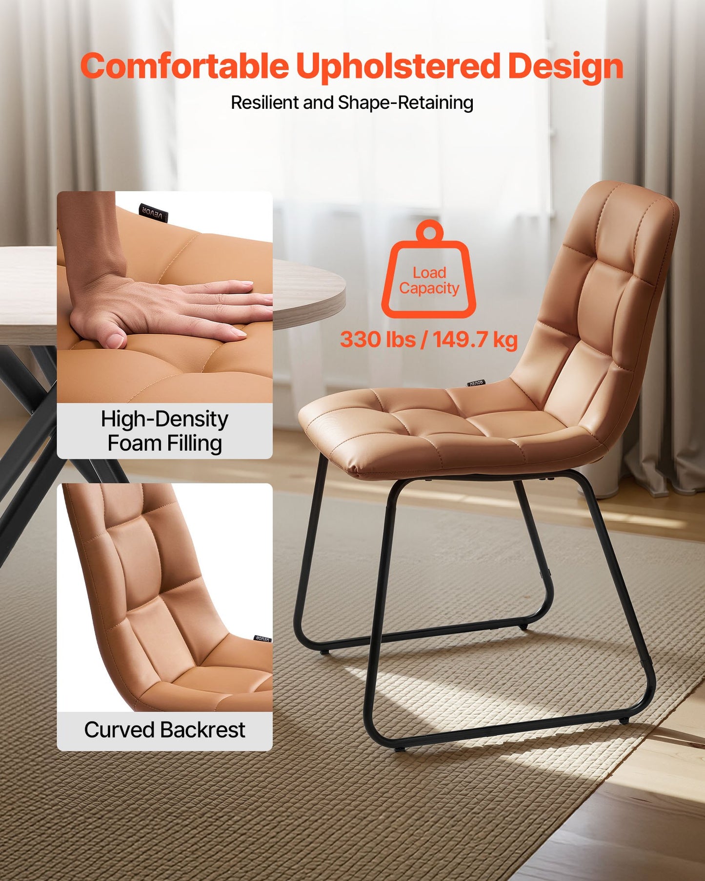 5-Piece Dining Table Set, Space-Saving Round Kitchen Table with 4 Upholstered Orange Chairs, PU Leather Cushions, Modern Wood-Tone Desk with Adjustable Foot Pads for Dining Room, Small Spaces