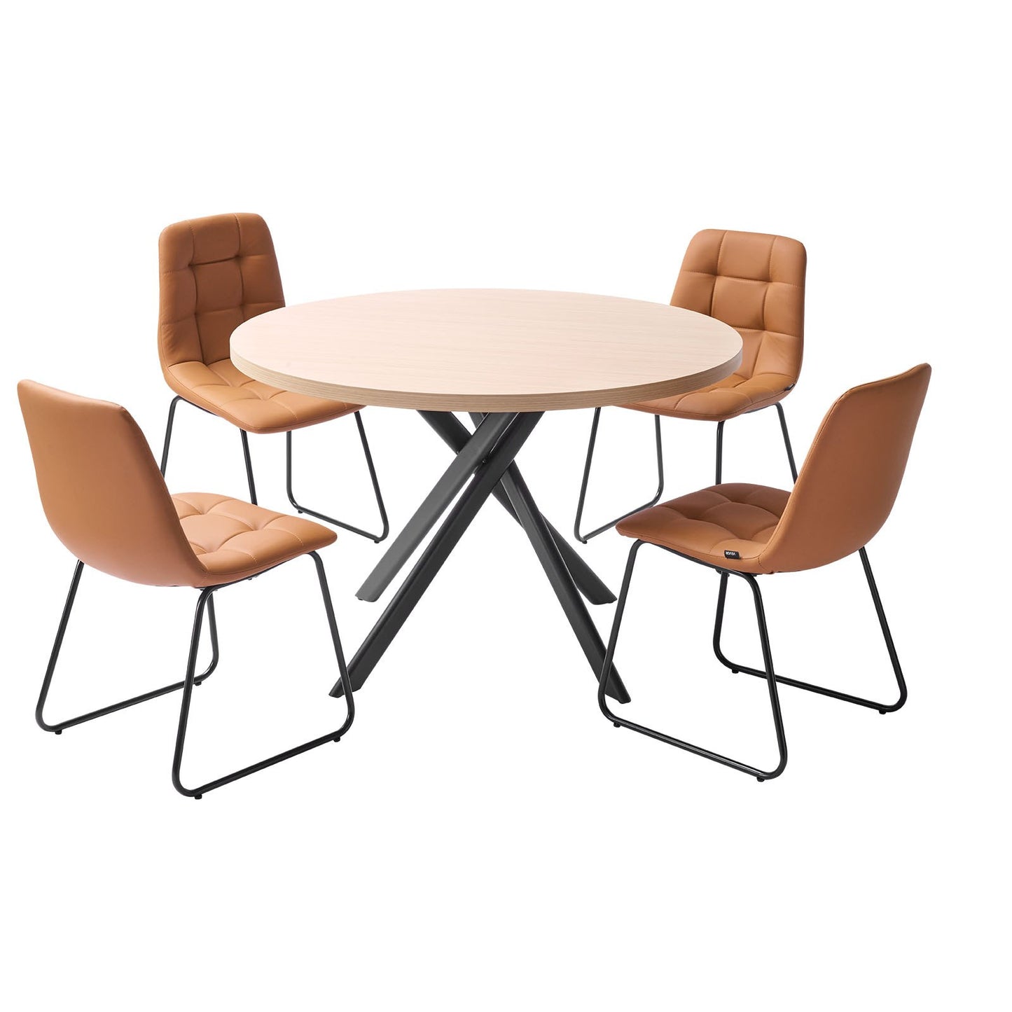 5-Piece Dining Table Set, Space-Saving Round Kitchen Table with 4 Upholstered Orange Chairs, PU Leather Cushions, Modern Wood-Tone Desk with Adjustable Foot Pads for Dining Room, Small Spaces