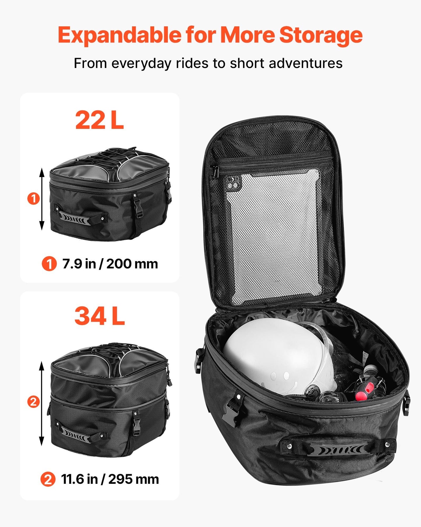 Motorcycle Tail Bag, 22-34 L Expandable Motorcycle Rear Seat Bag with Waterproof Rain Cover, Outdoor Sports Motorbike Luggage Storage Backpack Handbag with Straps, Pocket & Elastic Cord, Black