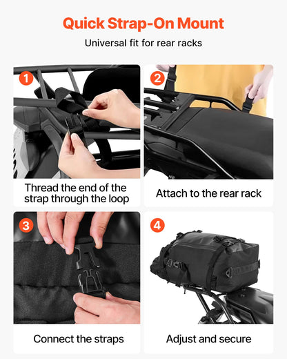 Motorcycle Tail Bag, 30 L Motorcycle Rear Seat Bag with Waterproof Rain Cover, Outdoor Sports Motorbike Luggage Storage Trunk Rack Backpack with Shoulder Straps, Universal Fit Rear Racks, Black