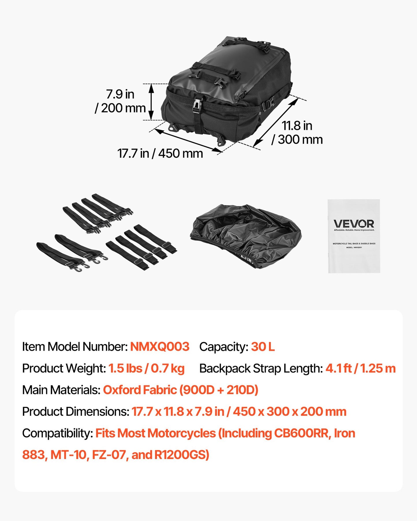 Motorcycle Tail Bag, 30 L Motorcycle Rear Seat Bag with Waterproof Rain Cover, Outdoor Sports Motorbike Luggage Storage Trunk Rack Backpack with Shoulder Straps, Universal Fit Rear Racks, Black