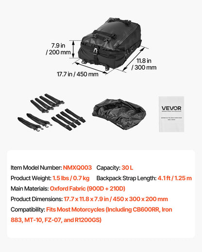 Motorcycle Tail Bag, 30 L Motorcycle Rear Seat Bag with Waterproof Rain Cover, Outdoor Sports Motorbike Luggage Storage Trunk Rack Backpack with Shoulder Straps, Universal Fit Rear Racks, Black