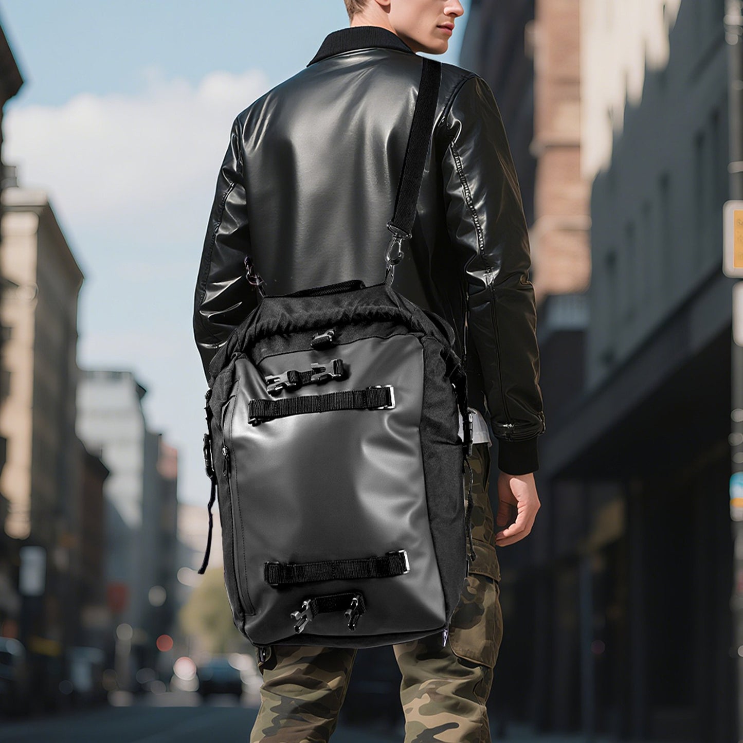 Motorcycle Tail Bag, 30 L Motorcycle Rear Seat Bag with Waterproof Rain Cover, Outdoor Sports Motorbike Luggage Storage Trunk Rack Backpack with Shoulder Straps, Universal Fit Rear Racks, Black