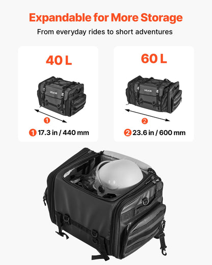 Motorcycle Tail Bag, 40-60 L Expandable Motorcycle Rear Seat Bag with Waterproof Rain Cover, Foldable Outdoor Sports Motorbike Luggage Storage with Shoulder Straps, Pocket & Elastic Cord, Black