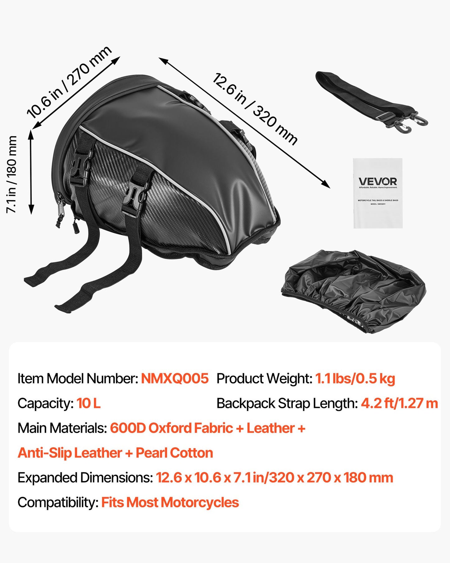 Motorcycle Tail Bag, 10 L Motorcycle Rear Seat Bag with Waterproof Rain Cover, Outdoor Sports Motorbike Luggage Storage Trunk Rack Backpack Handbag with Shoulder Strap and Inner Pocket, Black