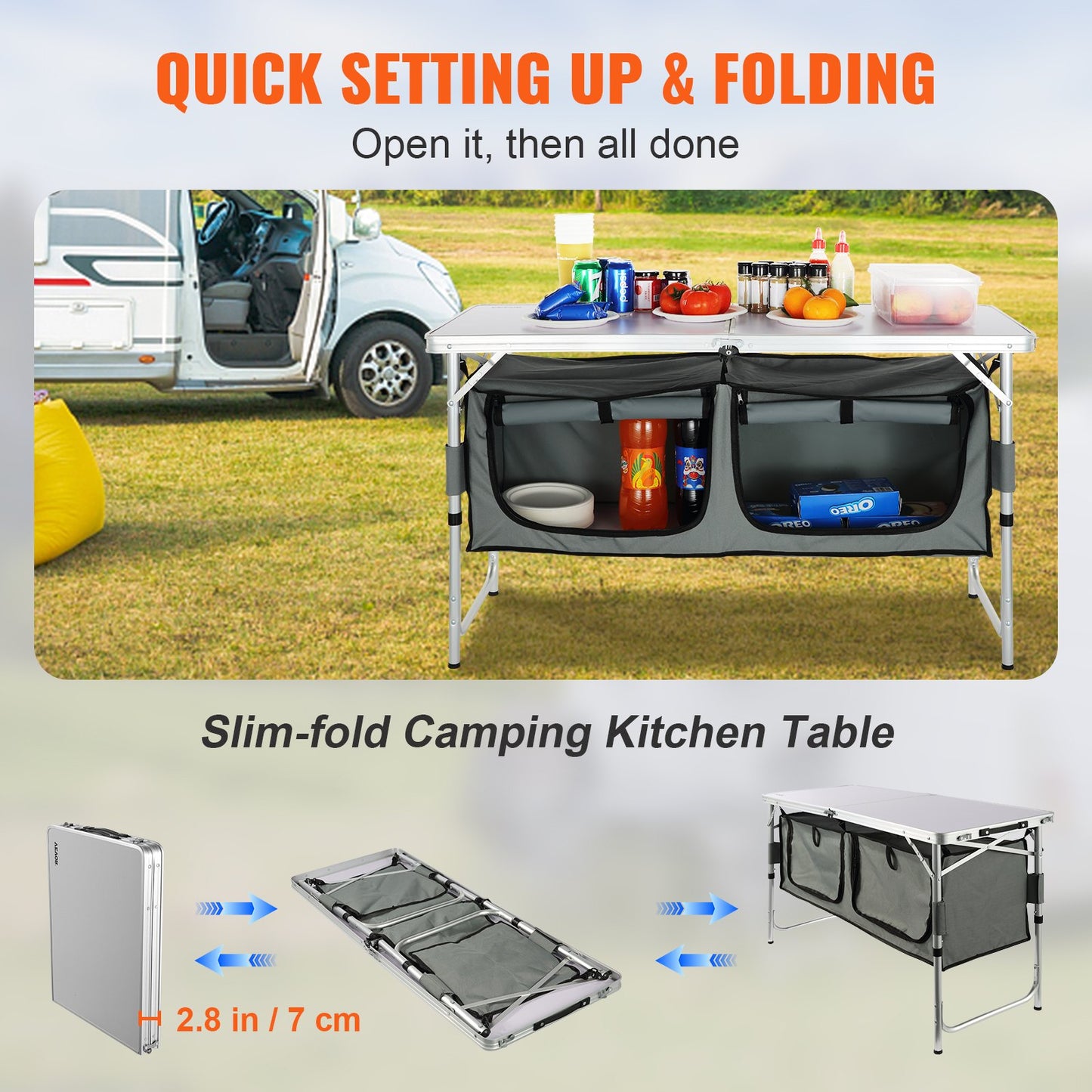 Camping Kitchen Table Folding Portable Cook Station 3 Adjustable Heights