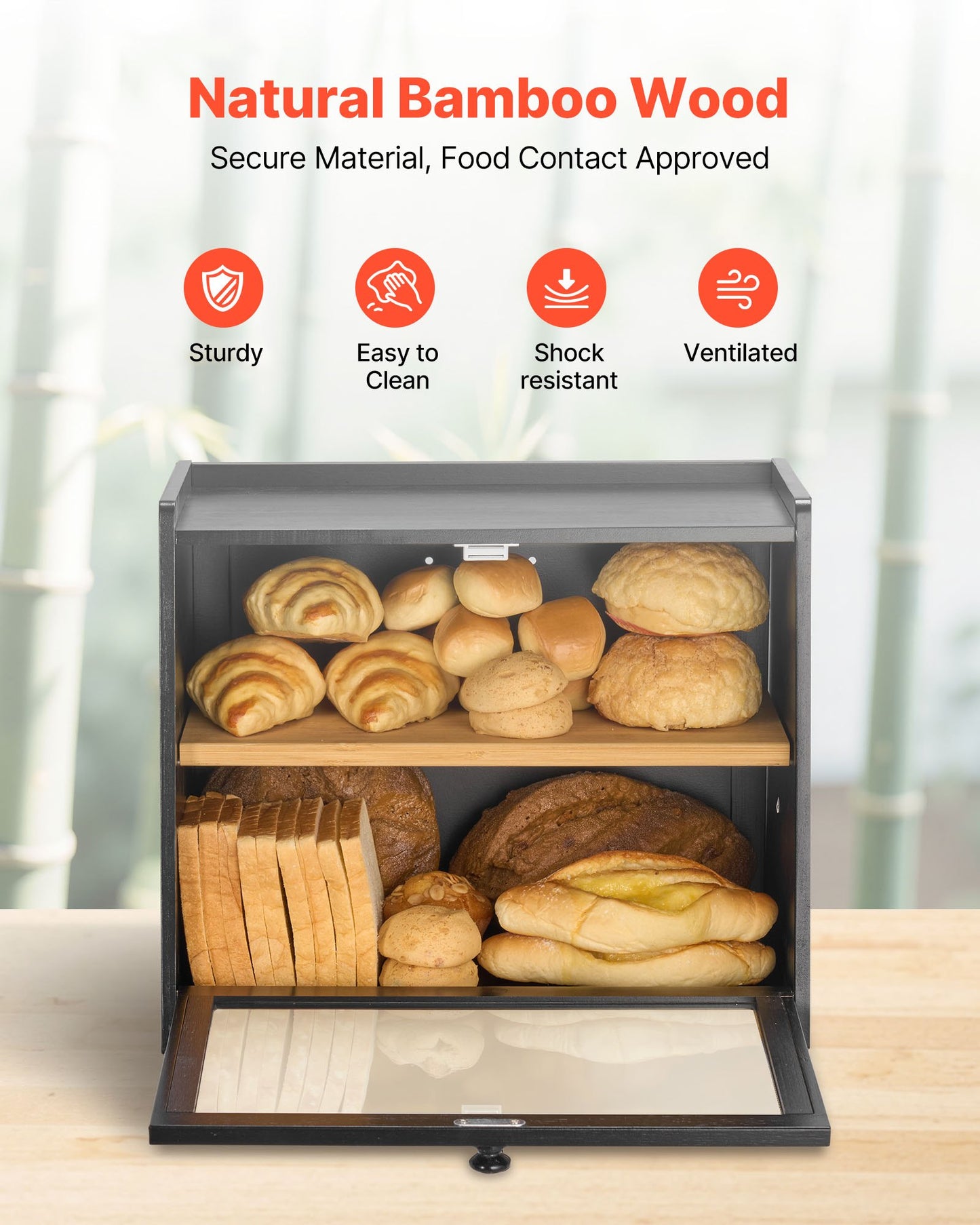 Double Layer Bread Box for Kitchen Counter, Large Capacity Bamboo Bread Storage Container, Farmhouse Wooden Breadbox for Homemade Bread, Storage Holder Bin with Acrylic Wavy Door Panel, Black