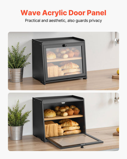 Double Layer Bread Box for Kitchen Counter, Large Capacity Bamboo Bread Storage Container, Farmhouse Wooden Breadbox for Homemade Bread, Storage Holder Bin with Acrylic Wavy Door Panel, Black