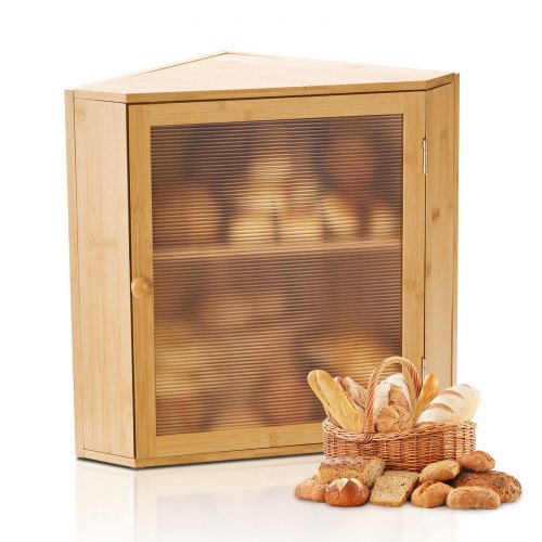 Corner Bread Box for Kitchen Counter, Double Layer Large Capacity Bamboo Bread Storage Container, Farmhouse Wooden Breadbox for Homemade Bread, Storage Holder Bin with Acrylic Wavy Door, Natural