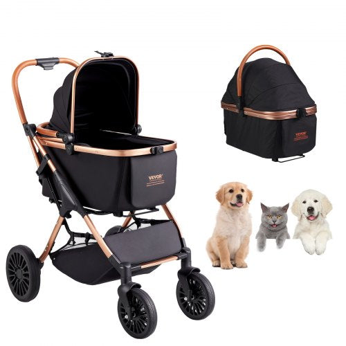 Pet Stroller, 4 Wheels Dog Stroller Rotate with Brakes, 29.9 kg Weight Capacity, Puppy Stroller with Detachable Carrier, Storage Basket and Pet Pad, for Small to Medium Sized Dogs, Black