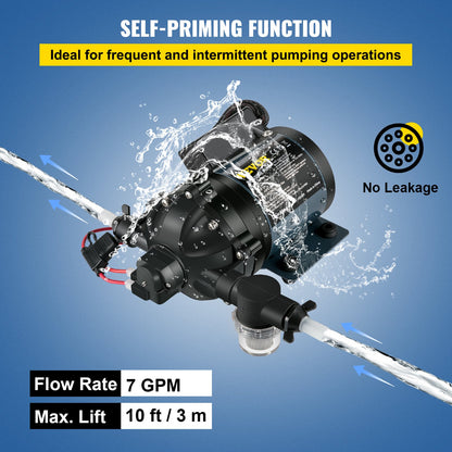 Washdown Pump, 12V DC, 26 L/min(7 GPM) 4 bar(60 PSI), Max. 3 m(10 FT) Lift Self Priming Water Pump, with EPDM Valve, Universal Salt Water Strainer & Female/Male Thread, for RV, Marine Deck, Yacht