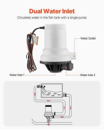 Livewell Pump for Boat, 12V 101 L/min(1600 GPH) Straight Livewell Aerator Pump with Dual Inlet, ABA Housing & Detachable Motor Cartridge, Corrosion-Resistant Livewell/Baitwell Pump for Freshwater Saltwater
