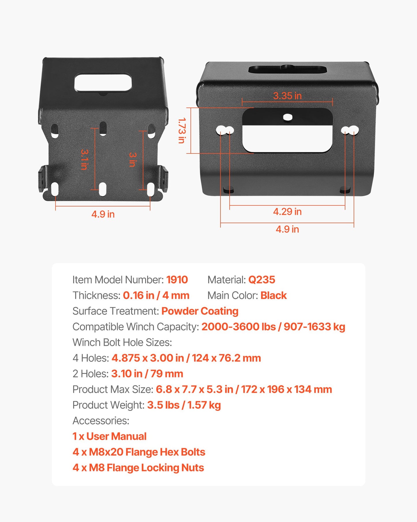 Seilwindenhalterung, Zugkraft 907–1633 kg, Anhängerkupplungs-Seilwindenhalterung für ausgewählte Honda Foreman und Rancher Rubicon Modelle (2014–2021), 2-Loch-Befestigung, pulverbeschichteter Stahl, schwarz