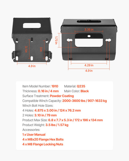 Seilwindenhalterung, Zugkraft 907–1633 kg, Anhängerkupplungs-Seilwindenhalterung für ausgewählte Honda Foreman und Rancher Rubicon Modelle (2014–2021), 2-Loch-Befestigung, pulverbeschichteter Stahl, schwarz